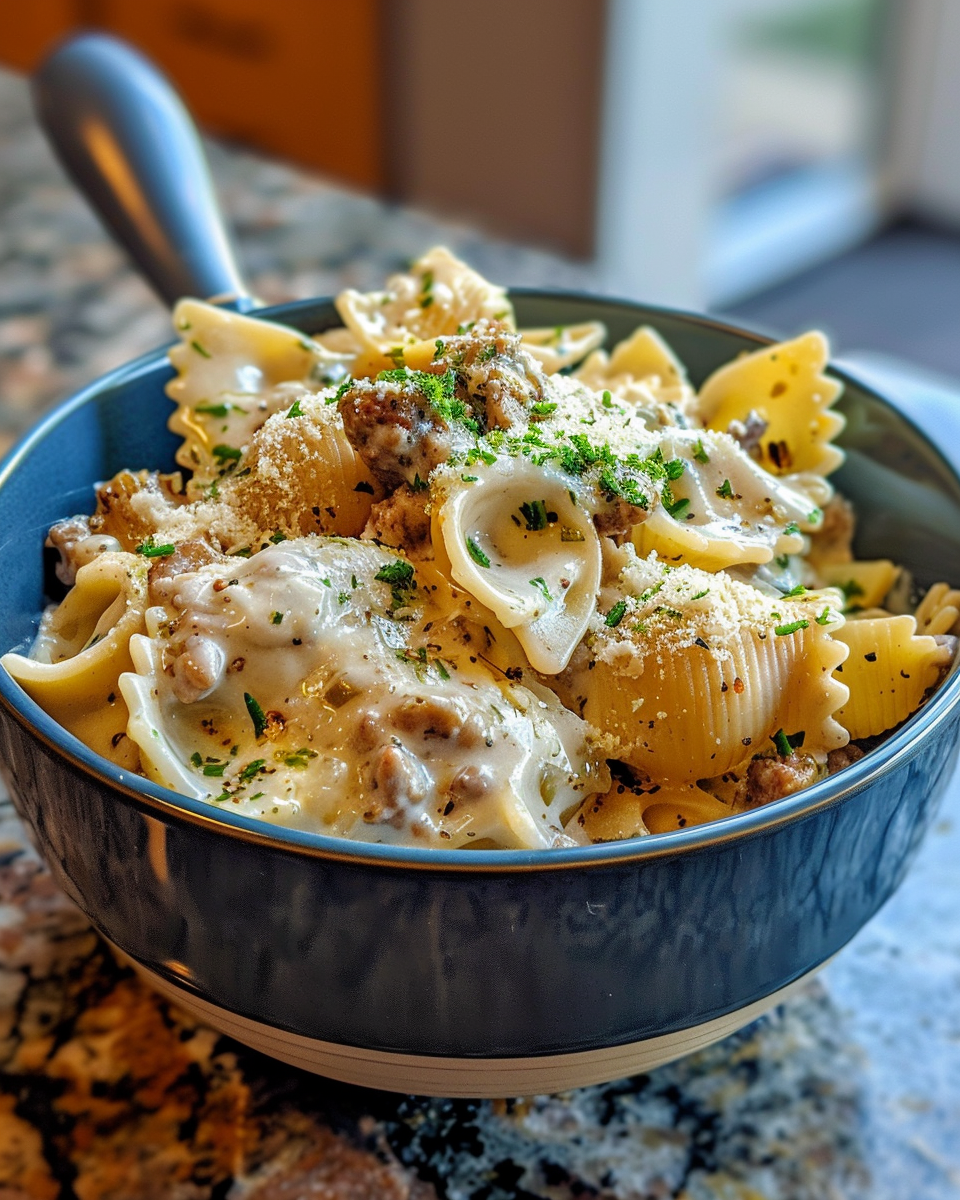 Creamy beef shell pasta steaming in pot with rich cheesy sauce