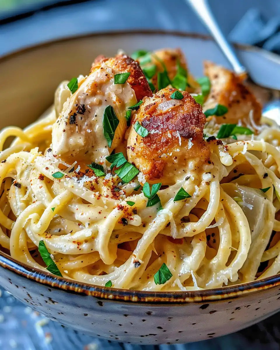Creamy Cajun chicken spaghetti simmering in a pressure cooker with garlic and bell peppers