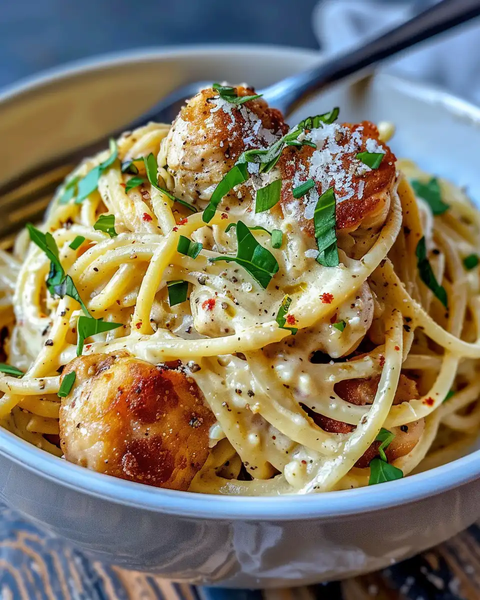 Serving of creamy Cajun chicken spaghetti garnished with Parmesan and green onions on plate