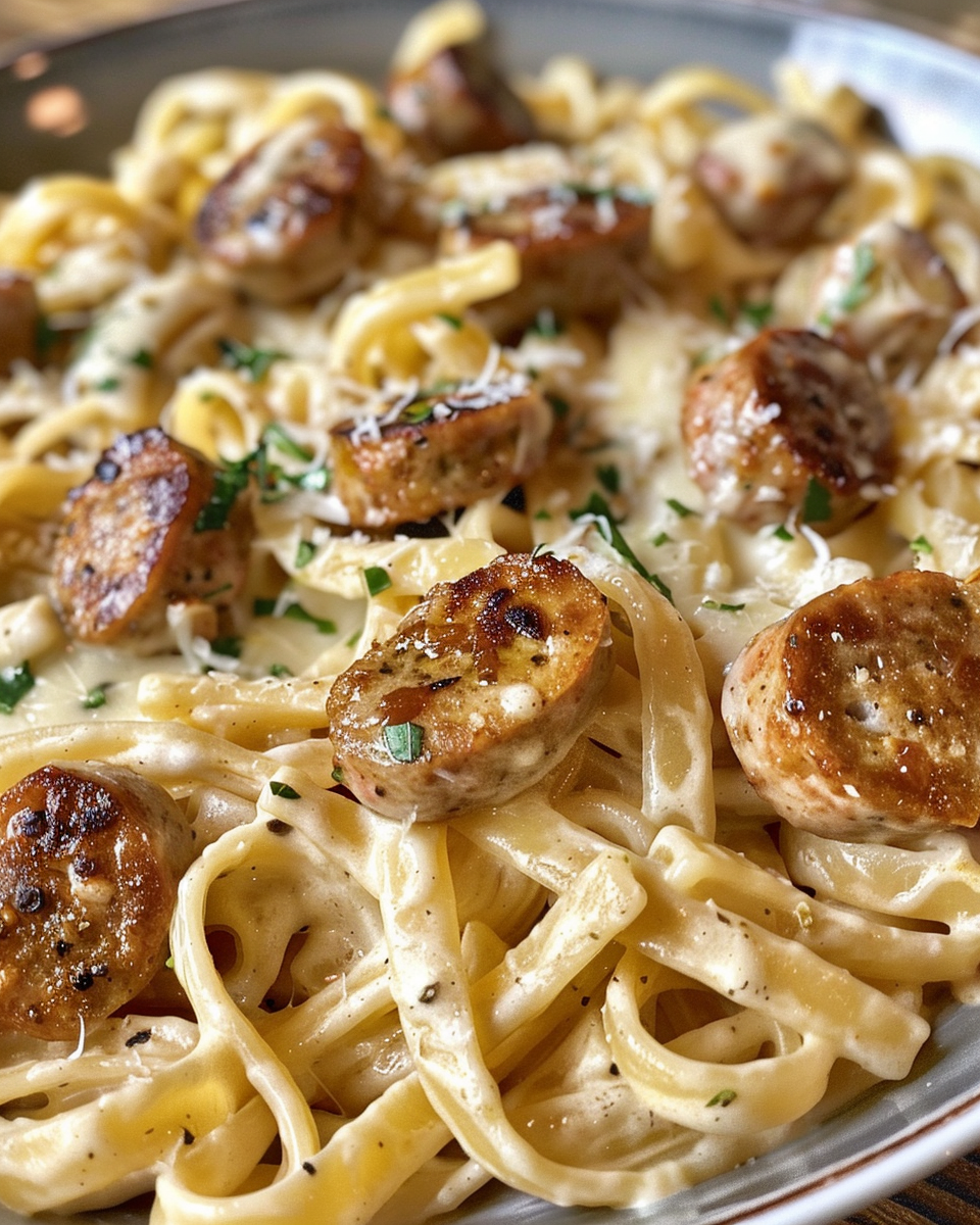 Ingredients for creamy Cajun sausage pasta on kitchen counter