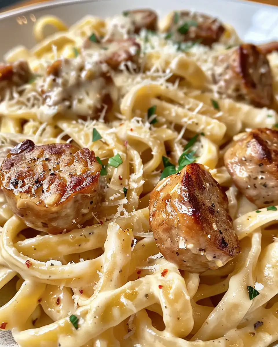 Finished creamy Cajun sausage pasta served with parmesan and parsley garnish