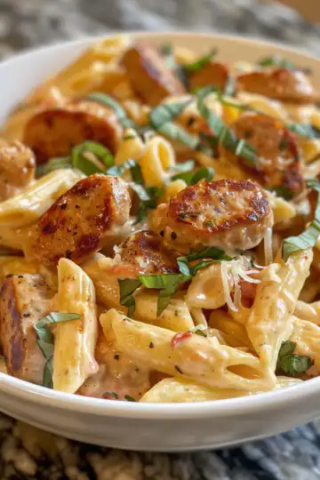 Creamy Cajun Sausage Pasta taken with iphone 15 pro max --iw 2 --ar 4:5 --v 6.0 --raw