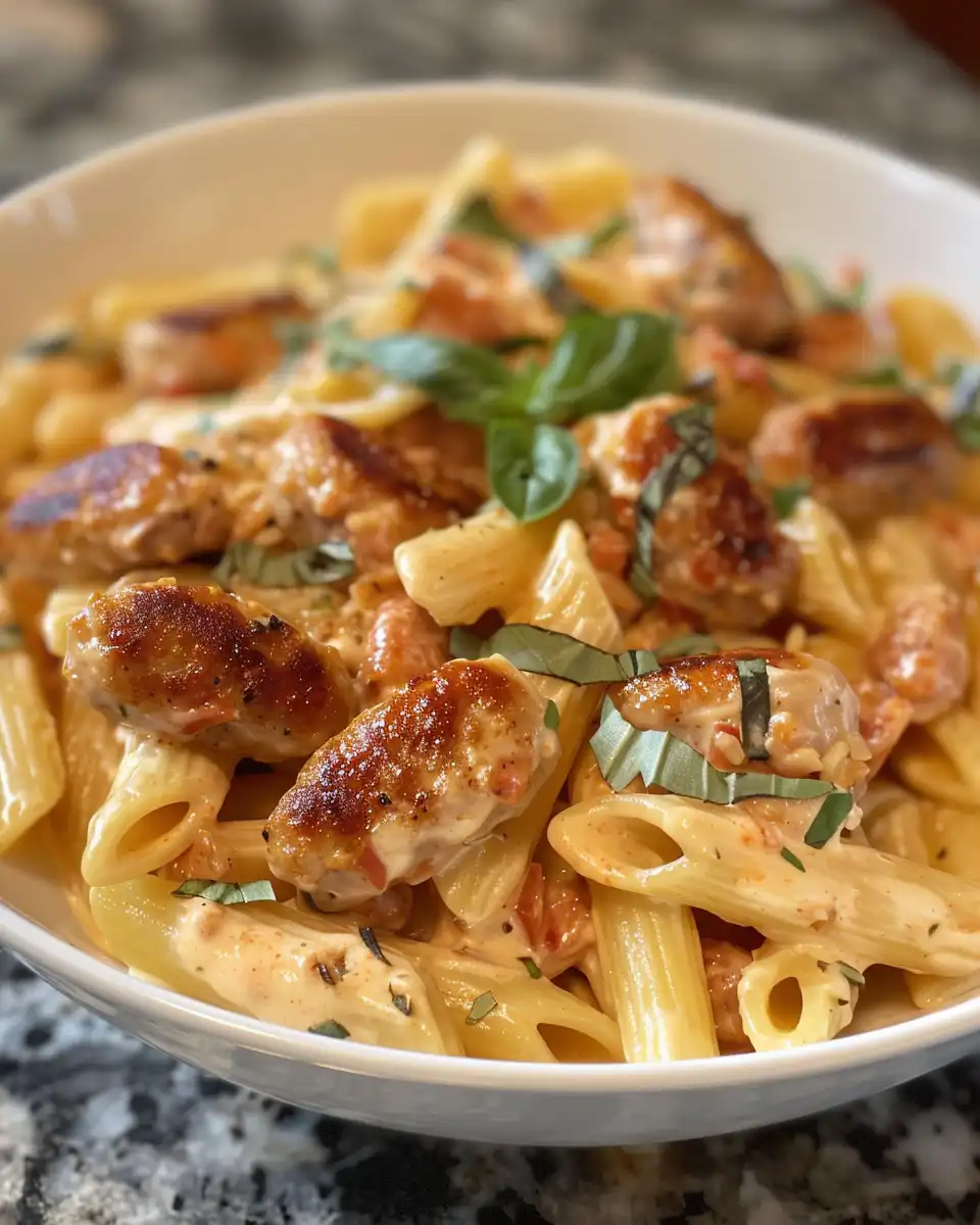 Plated creamy Cajun sausage pasta garnished with fresh parsley and parmesan
