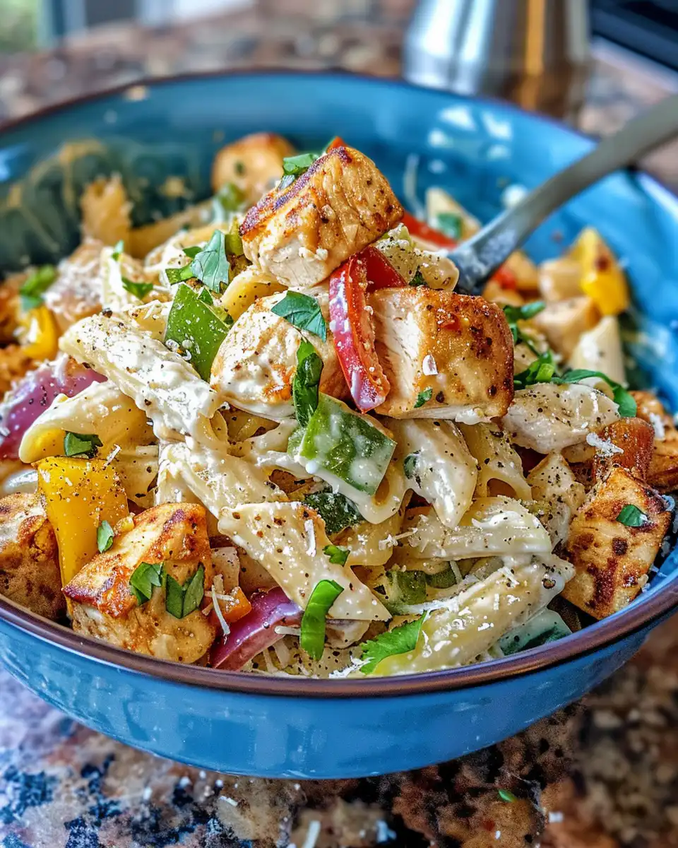 Ingredients for creamy chicken fajita pasta with peppers and onions