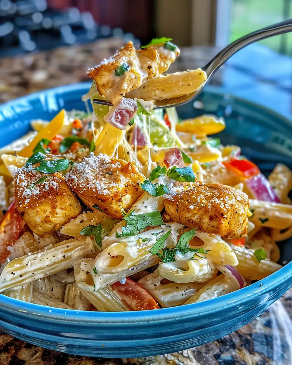 Served creamy chicken fajita pasta plated with garnish
