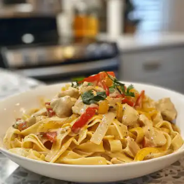 Creamy Chicken Fajita Pasta taken with iphone 15 pro max --iw 2 --ar 4:5 --v 6.0 --raw