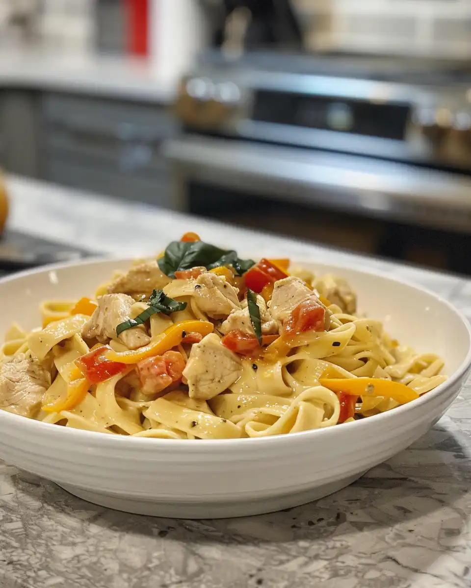 Plated creamy chicken fajita pasta with green onion garnish