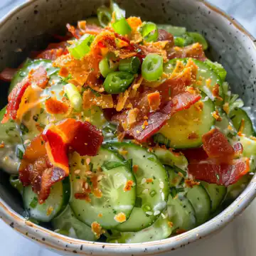 Creamy Cucumber Salad with Bacon and Cheese taken with iphone 15 pro max --iw 2 --ar 4:5 --v 6.0 --raw