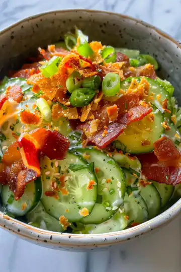 Creamy Cucumber Salad with Bacon and Cheese taken with iphone 15 pro max --iw 2 --ar 4:5 --v 6.0 --raw