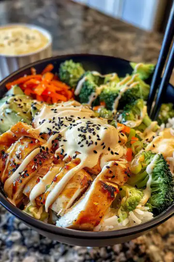 Creamy Garlic Chicken Rice Bowls taken with iphone 15 pro max --iw 2 --ar 4:5 --v 6.0 --raw