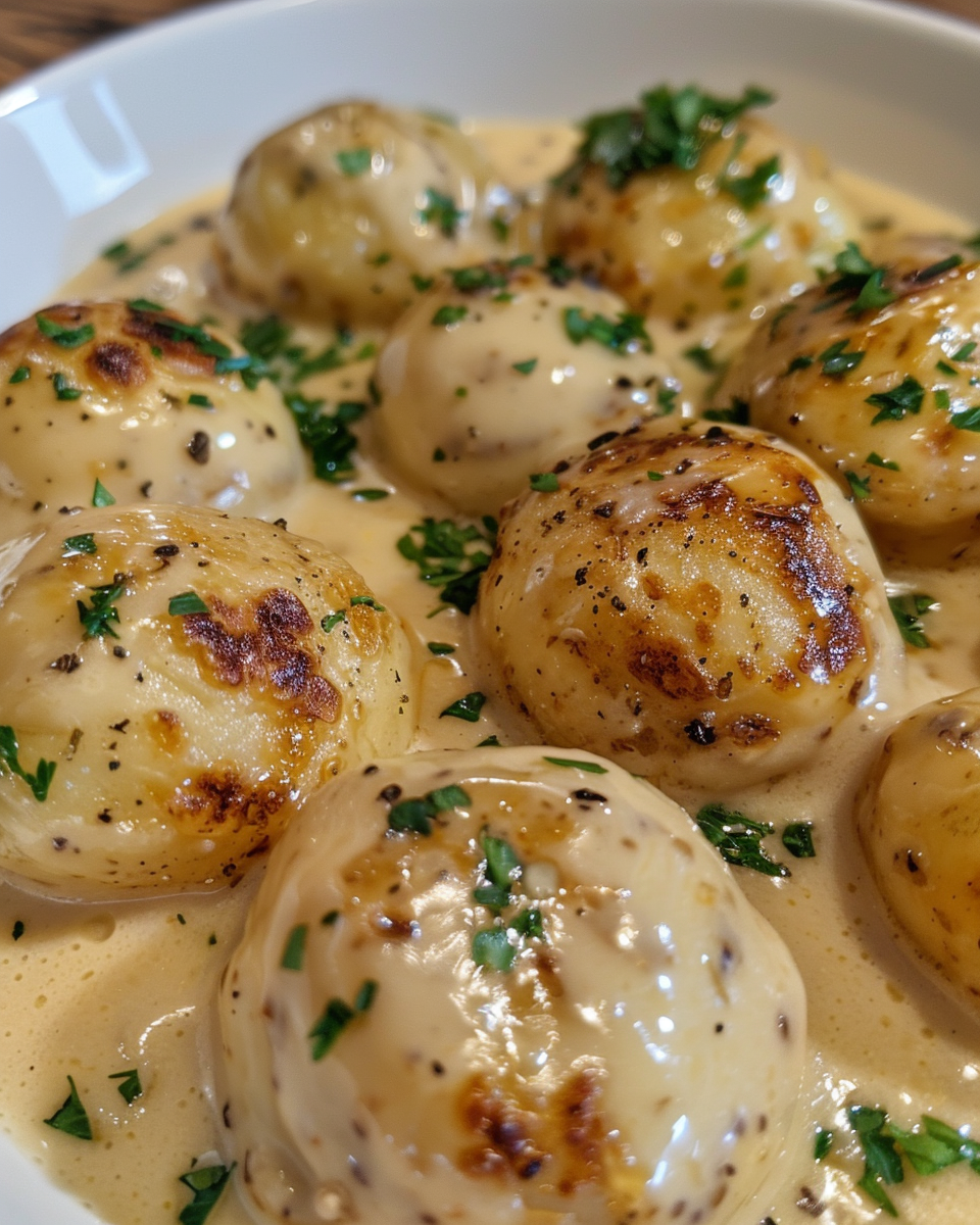 Creamy garlic sauce simmering over baby potatoes