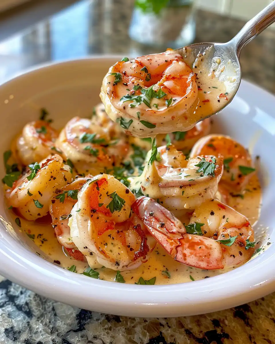 Served creamy garlic shrimp with spinach and sun dried tomatoes