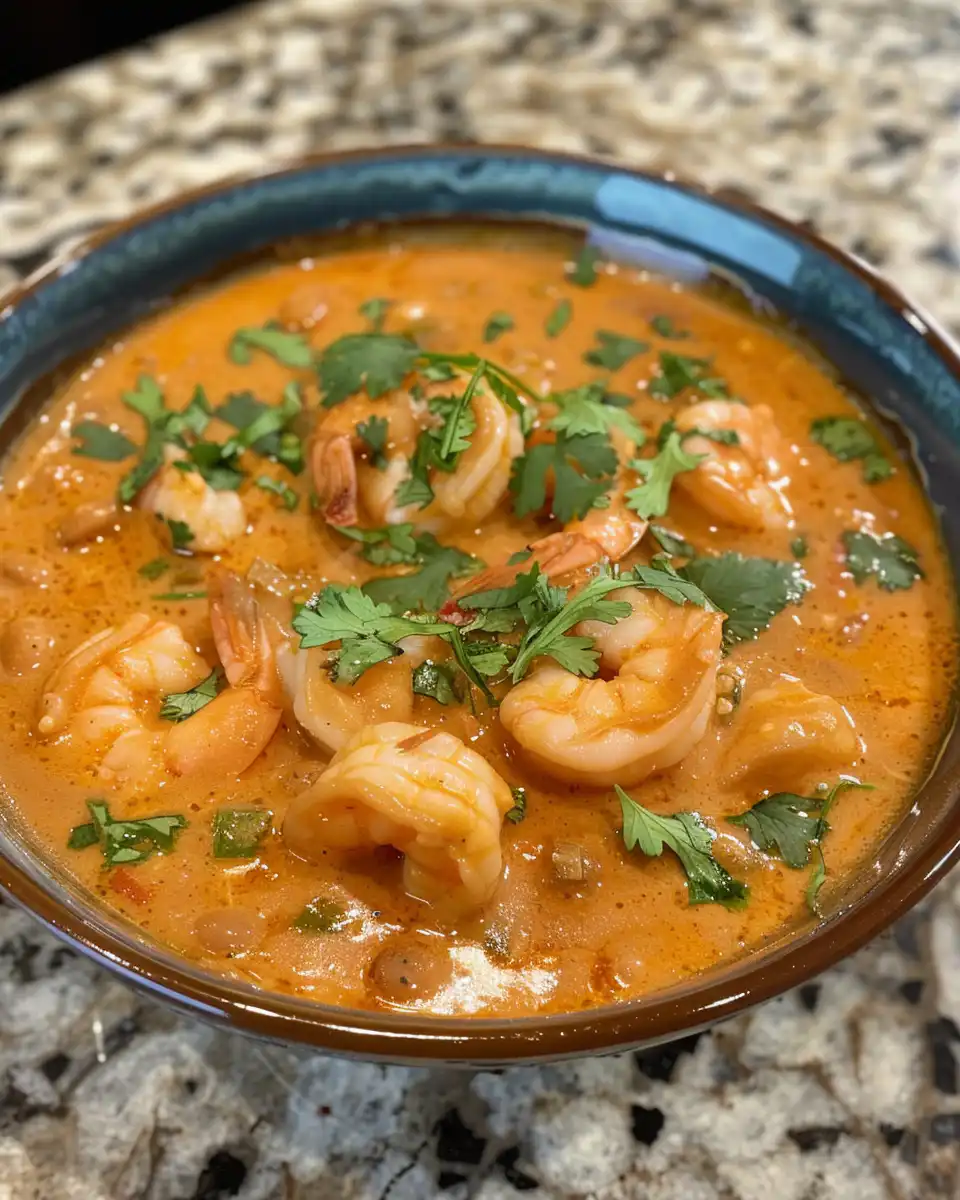 Finished creamy seafood chili with shrimp and scallops