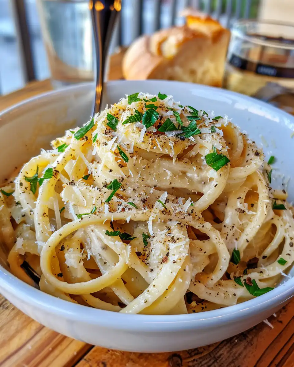 Close up of creamy vegan caramelized onion pasta served with fresh parsley