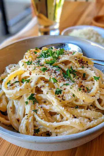 Creamy Vegan Caramelized Onion Pasta taken with iphone 15 pro max --iw 2 --ar 4:5 --v 6.0 --raw