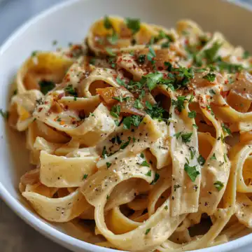 Creamy Vegan Caramelized Onion Pasta taken with iphone 15 pro max --iw 2 --ar 4:5 --v 6.0 --raw