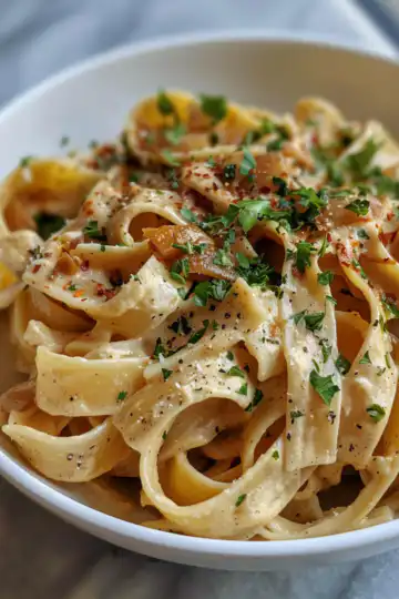 Creamy Vegan Caramelized Onion Pasta taken with iphone 15 pro max --iw 2 --ar 4:5 --v 6.0 --raw