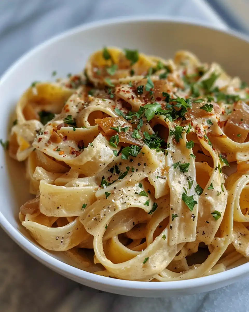 Creamy vegan caramelized onion pasta served fresh