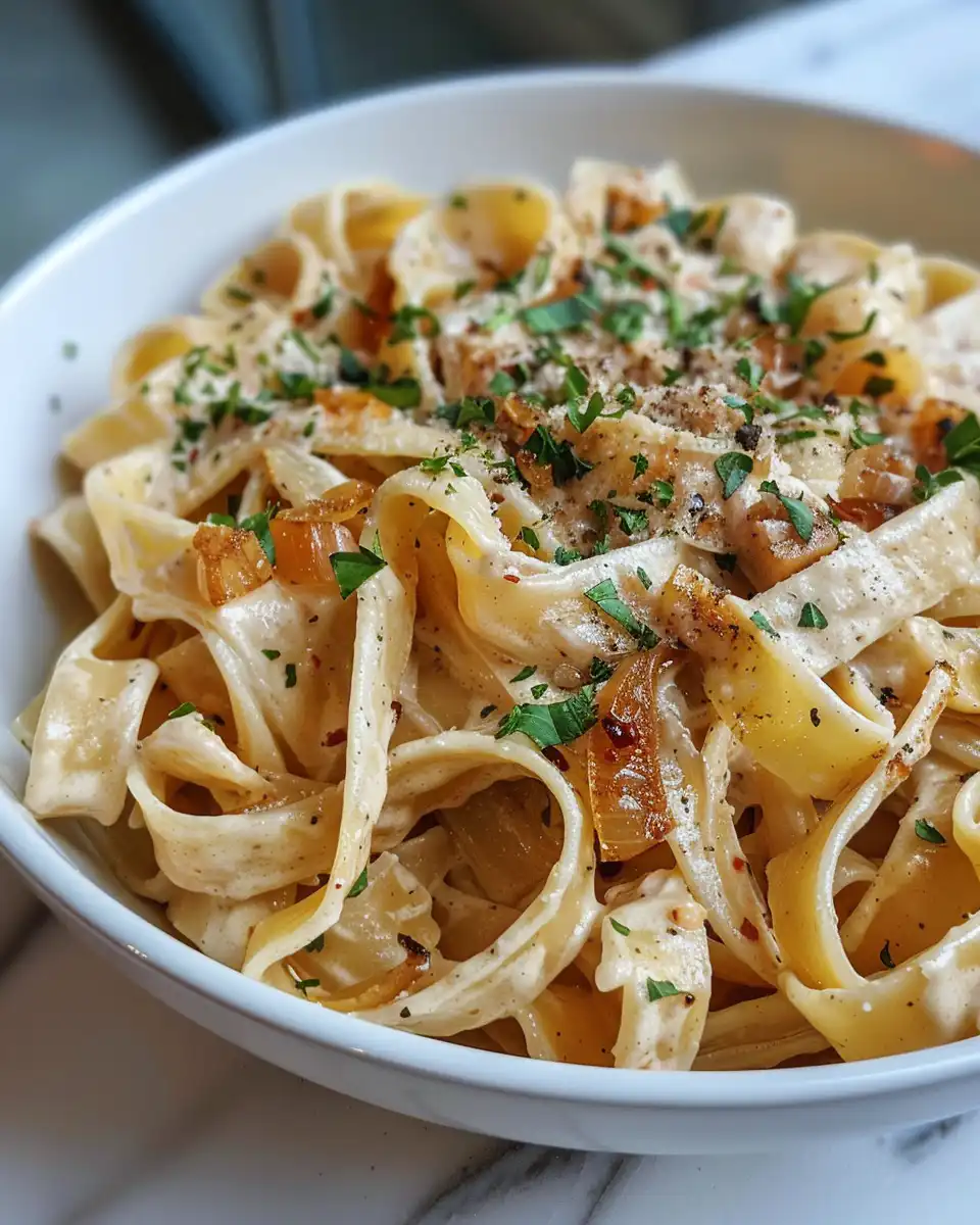 Plated creamy caramelized onion pasta garnished with parsley