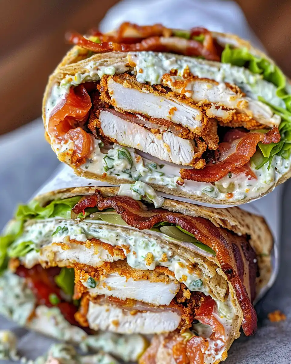 Final crispy chicken bacon ranch wrap cut in half on plate