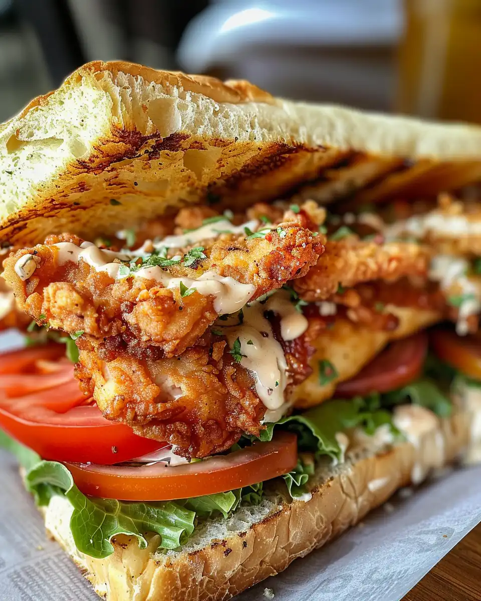 Finished crispy chicken Caesar sandwich served on a plate