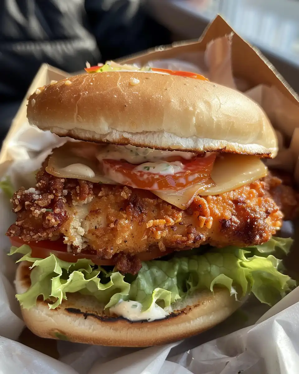 Finished pressure cooker crispy chicken Caesar sandwich served