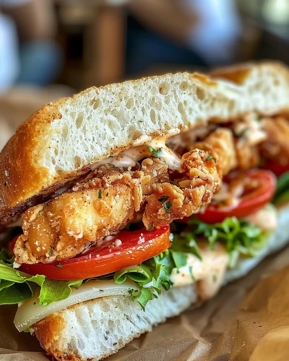 Crispy chicken Caesar sandwich with golden crust and fresh lettuce
