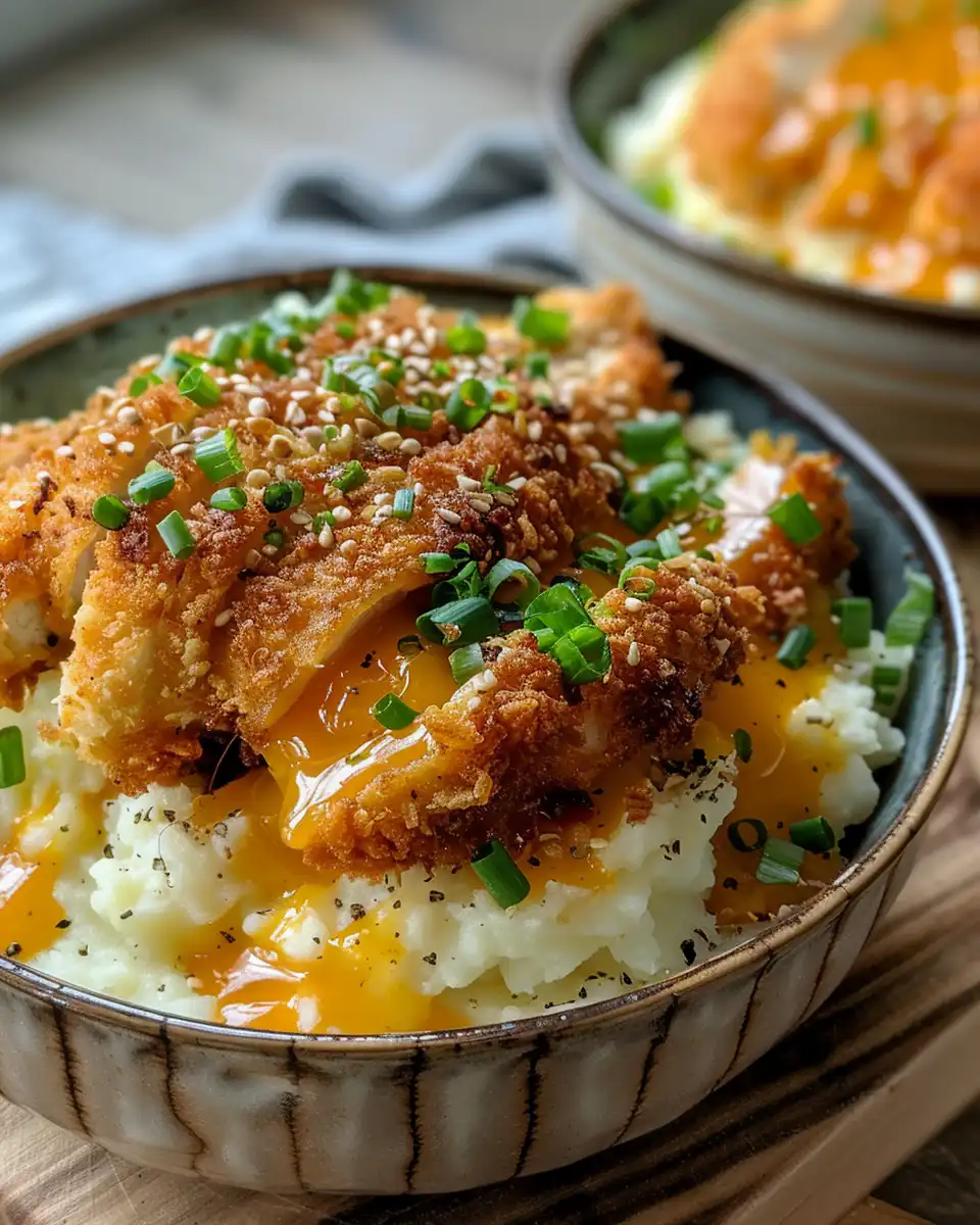 Serving of loaded mashed potato bowl with crispy chicken and toppings