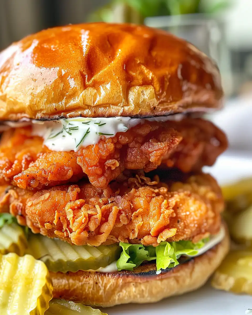 Close-up of crispy dill chicken sandwich with lettuce and sauce