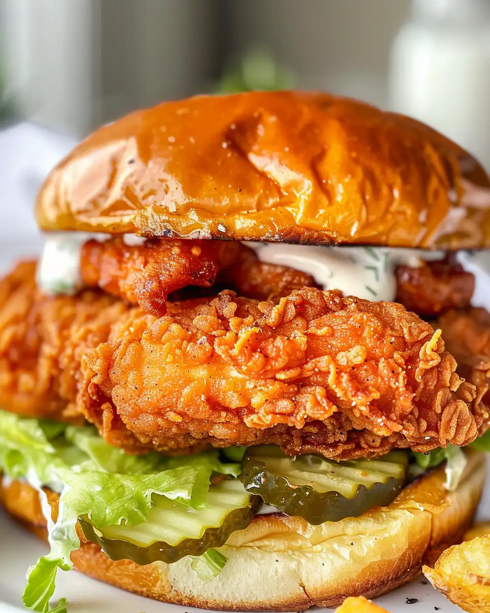 Served crispy dill chicken sandwich with fresh herbs and sauce