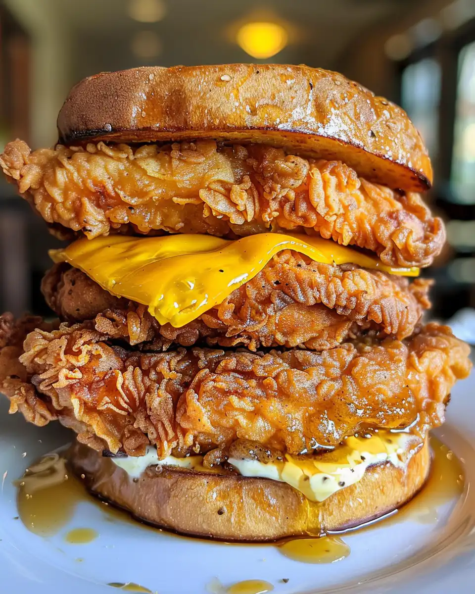 Finished French toast fried chicken sandwich plated and ready to eat