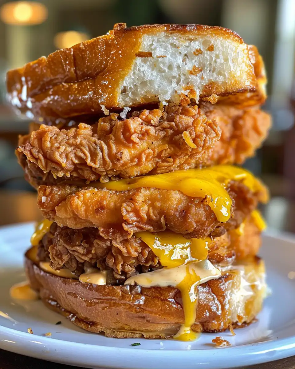 Golden crispy French toast fried chicken sandwich fresh from the pressure cooker