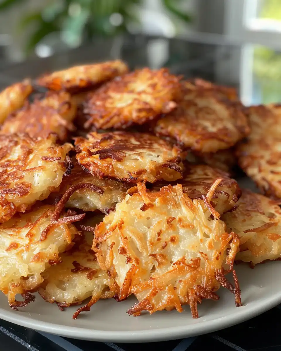 Ingredients for crispy hash browns including grated potatoes and seasonings