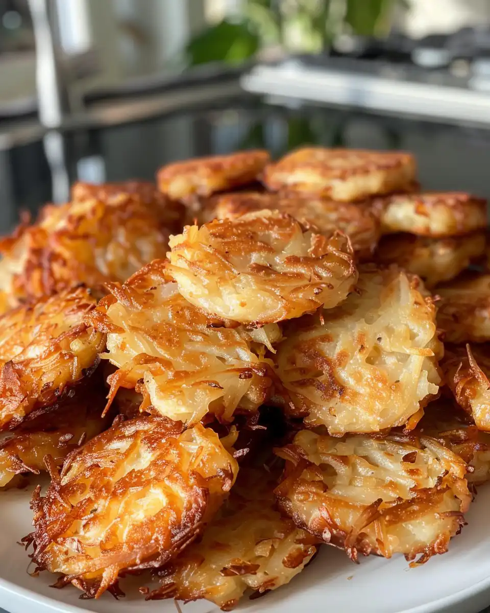 Served crispy hash browns on a plate garnished with chives