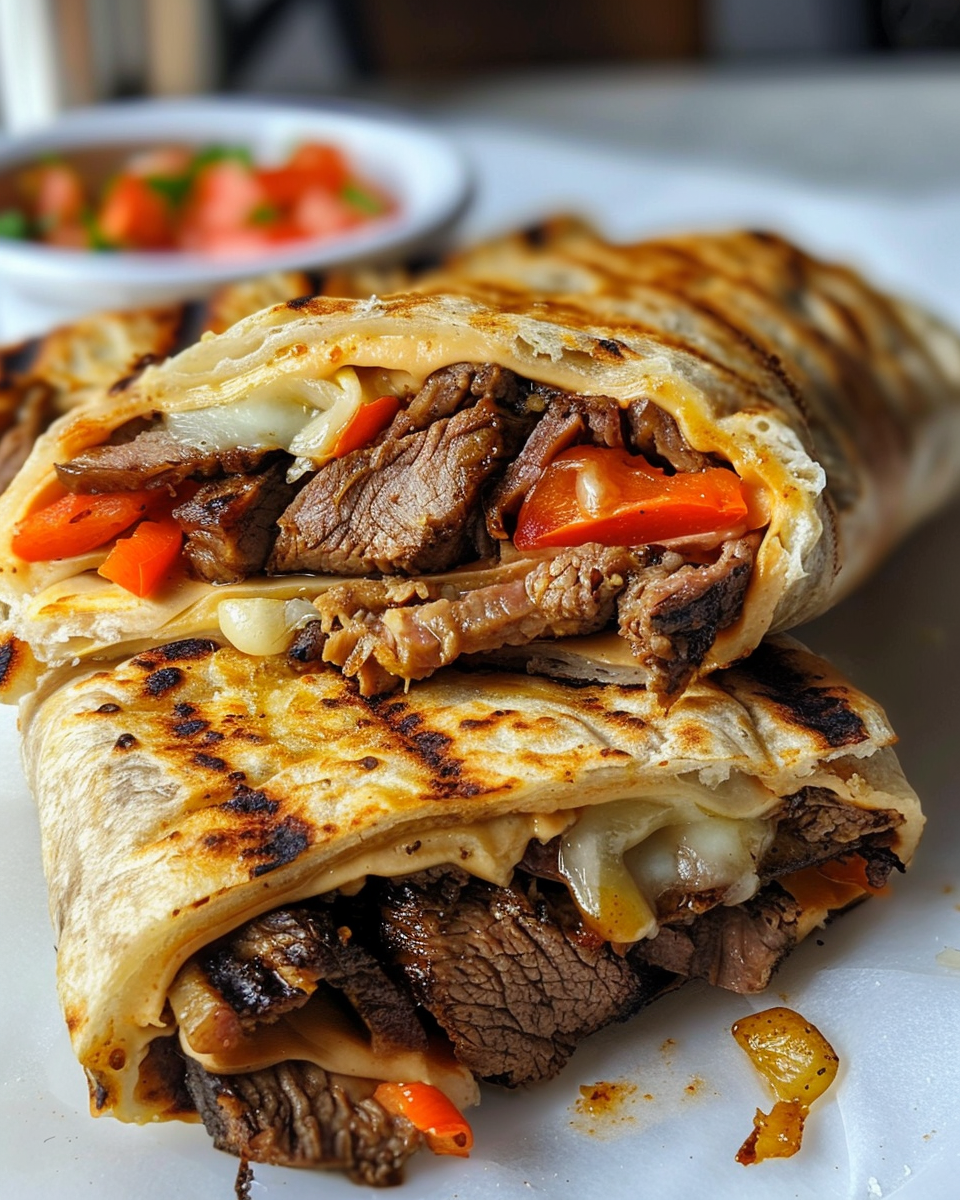 Ingredients including sliced steak, bell peppers, onions, cheese, tortillas and seasonings for Philly cheesesteak wraps