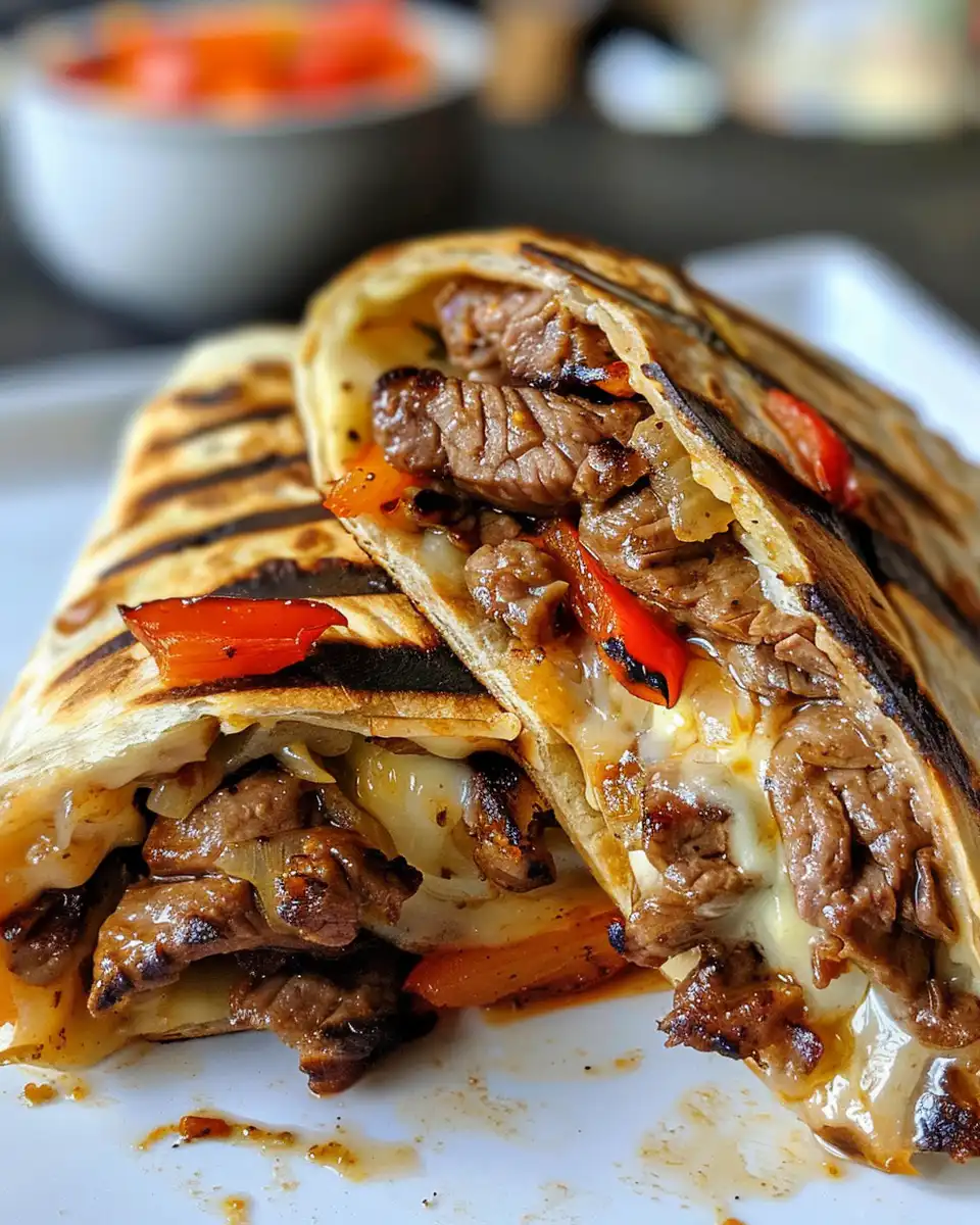 Sliced golden brown crispy Philly cheesesteak wraps ready to serve on cutting board