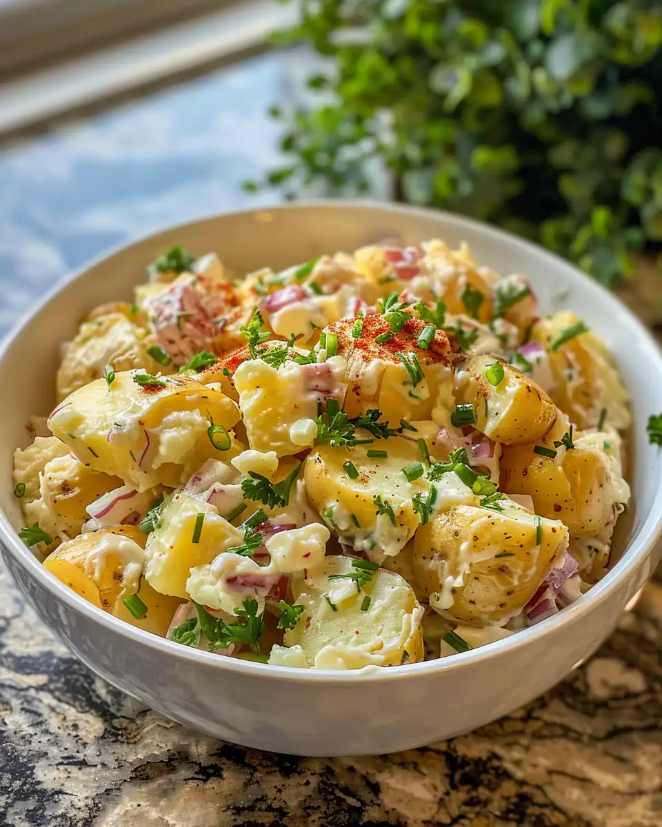 Finished crispy smashed potato salad served in a bowl