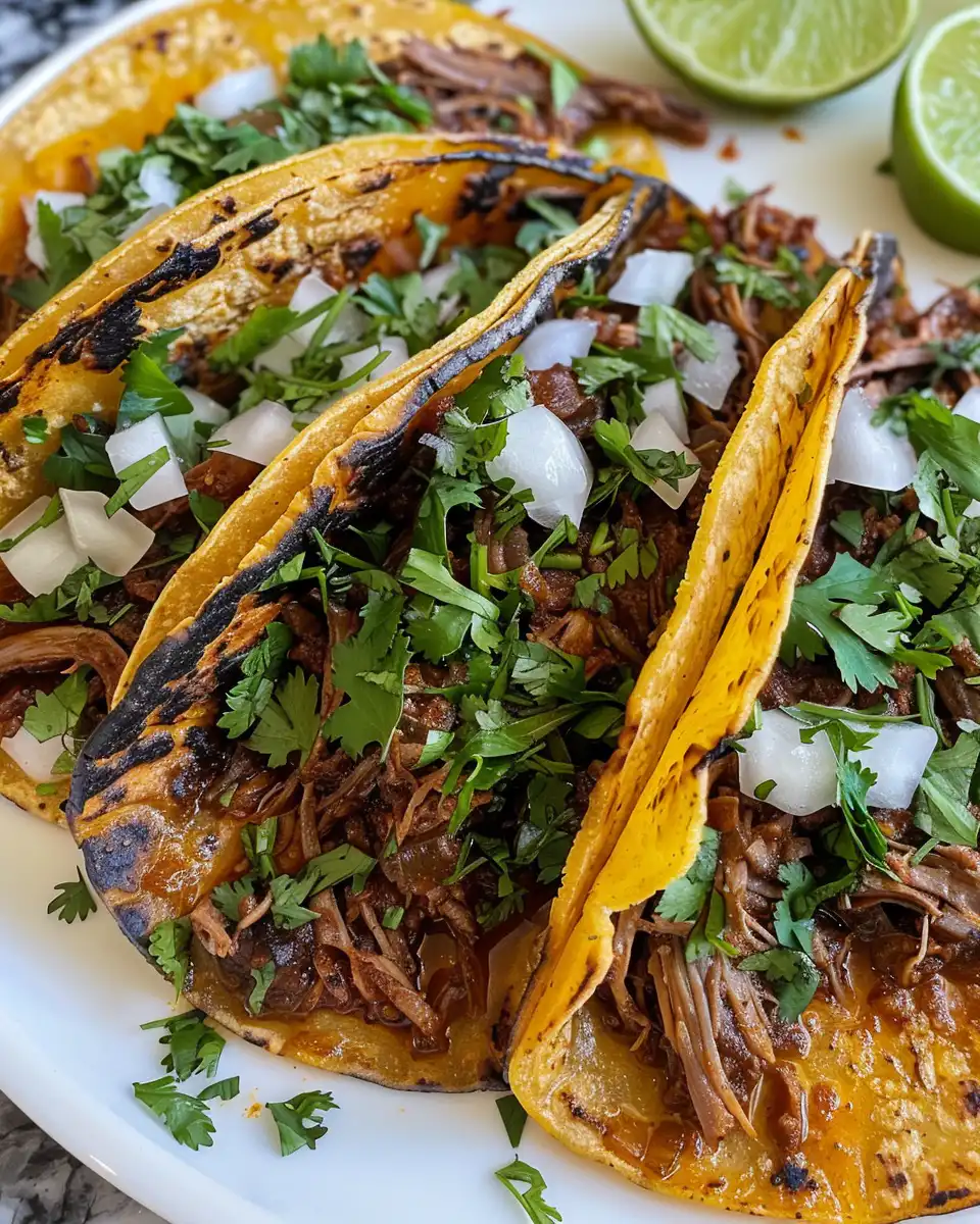 Shredded birria beef tacos with crispy tortillas