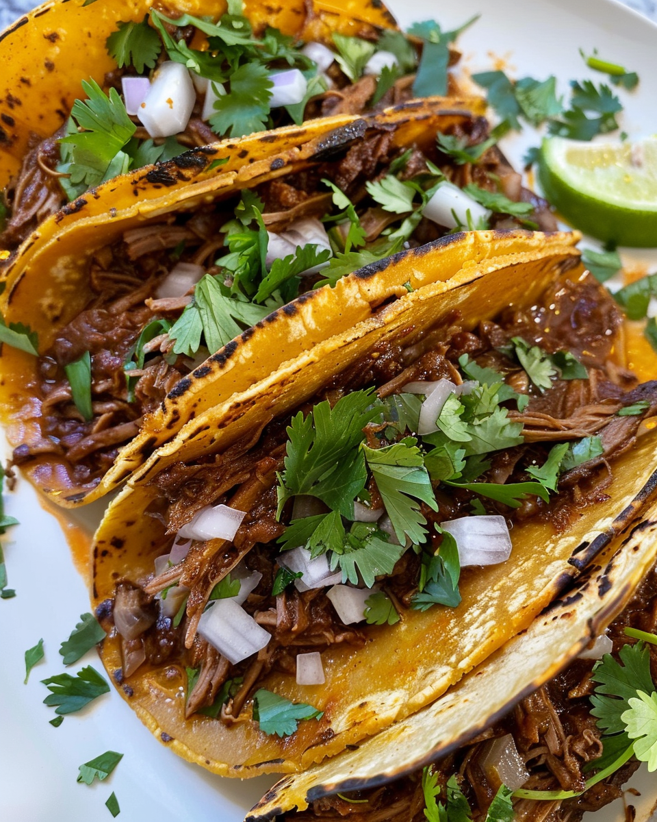 Freshly cooked birria tacos in crock pot with float valve