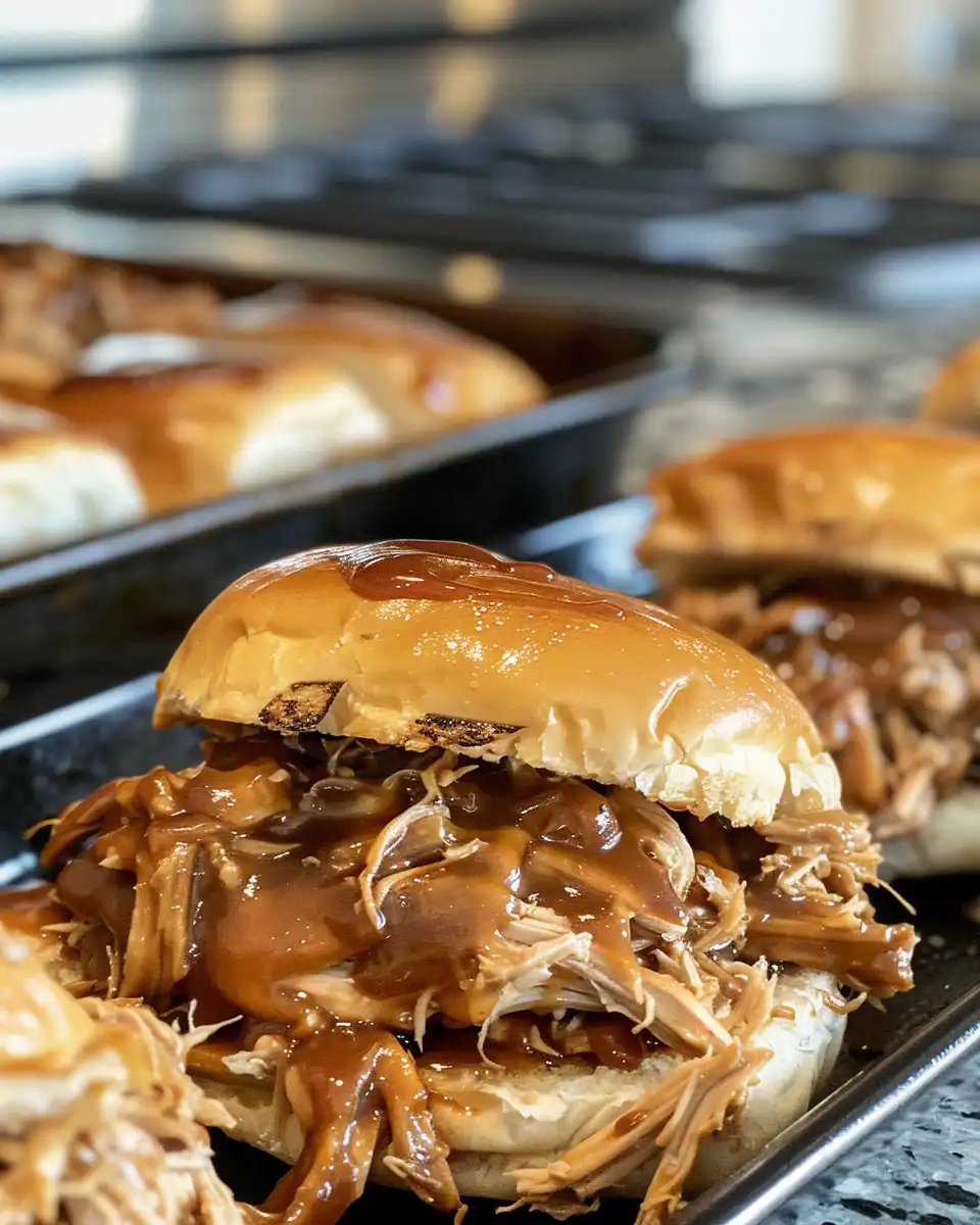Served BBQ pulled chicken shredded and saucy ready to eat