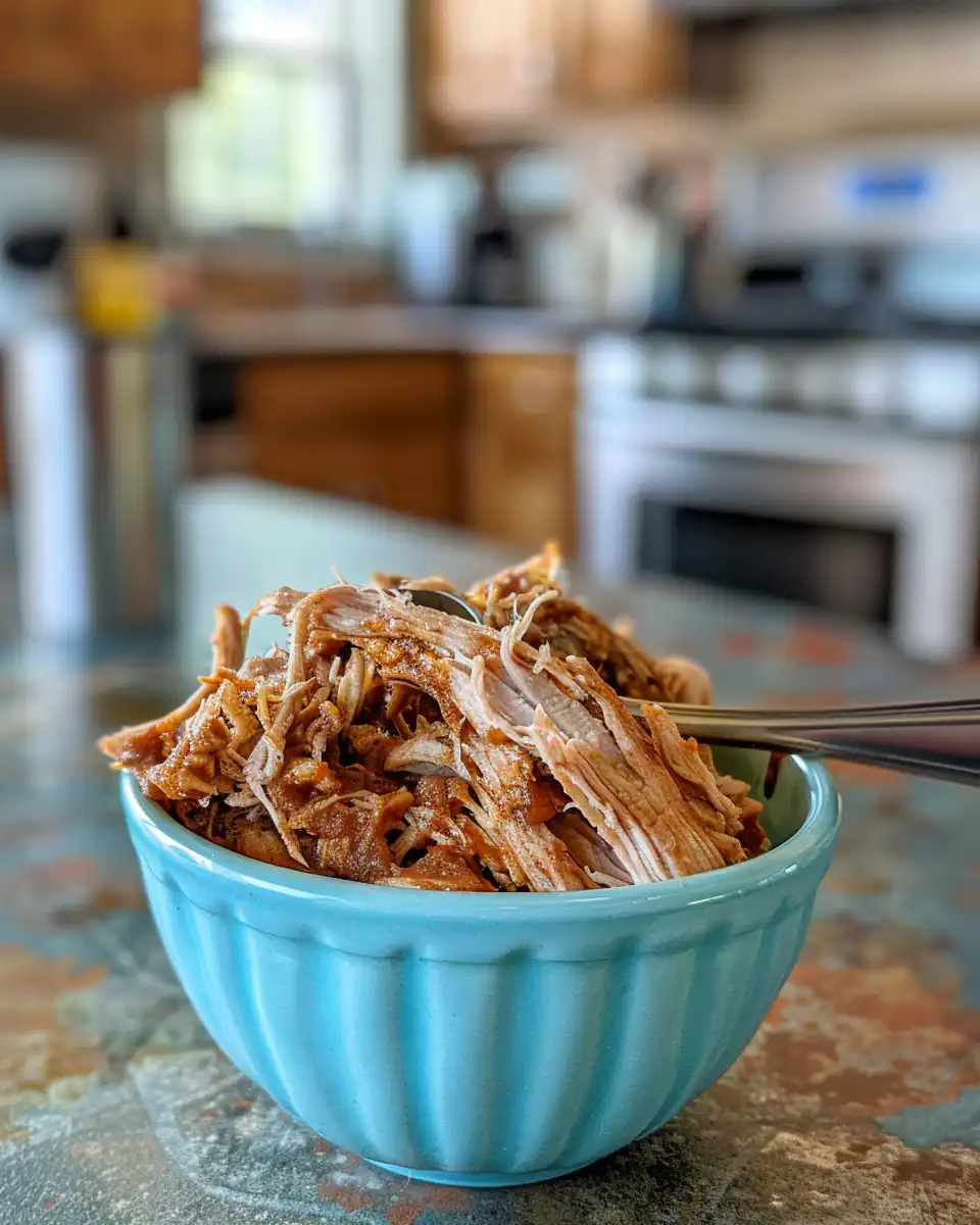 Steam rising from a slow cooker filled with BBQ pulled chicken