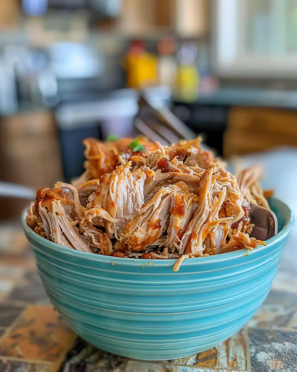 Served BBQ pulled chicken on a bun ready to eat
