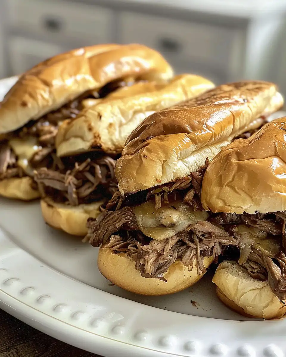 Finished crockpot French dip sandwiches served with au jus