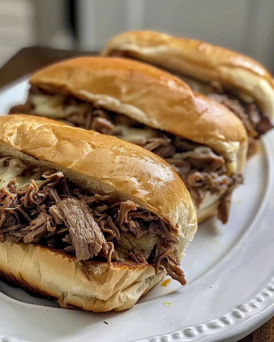 Crockpot French dip sandwiches with melted cheese and au jus