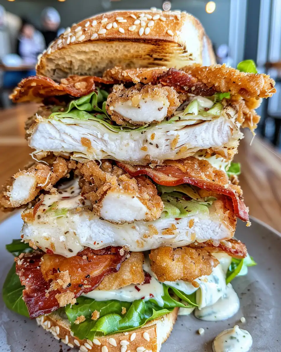 Crunchy chicken Caesar sandwich in preparation with brioche bun