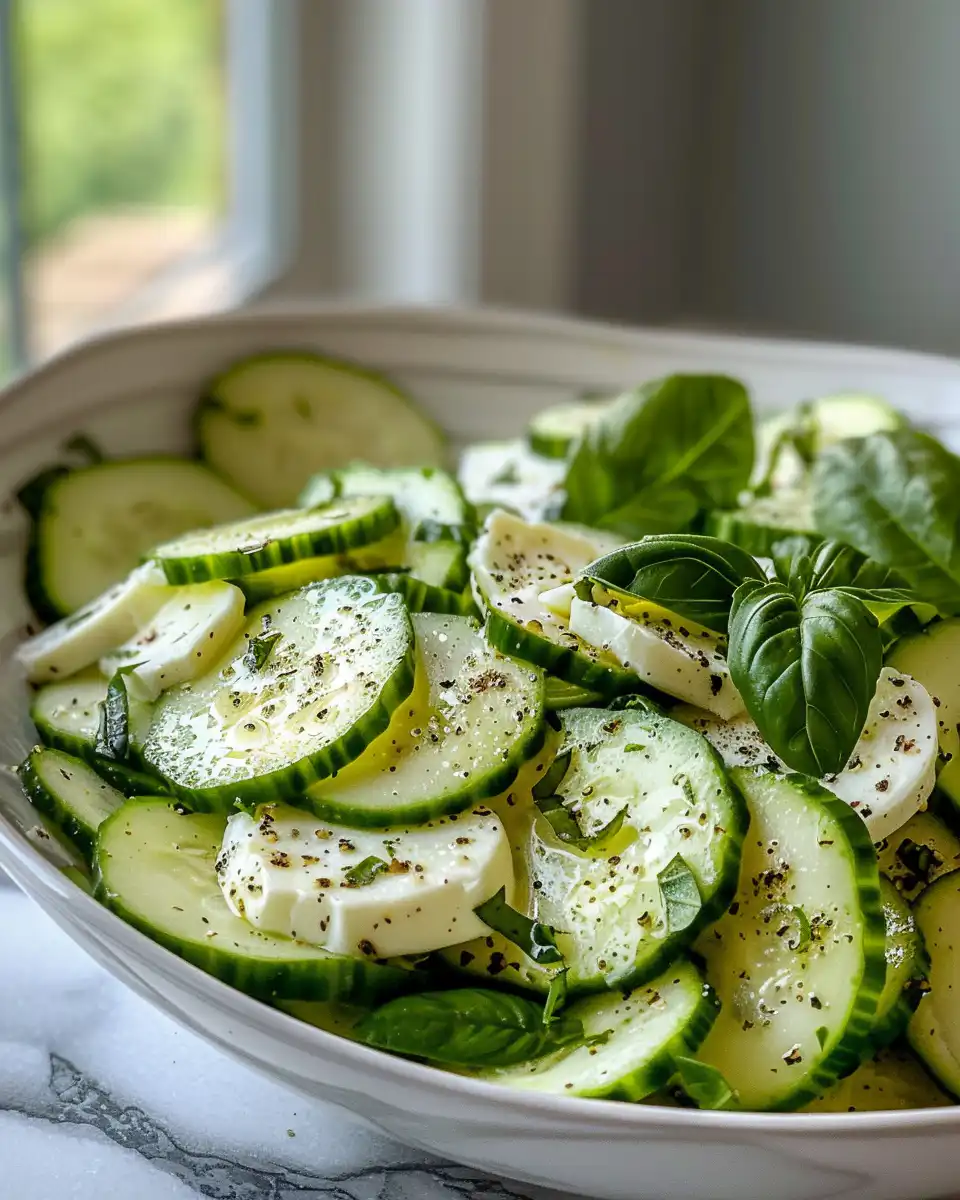 Served cucumber bocconcini salad on white plate