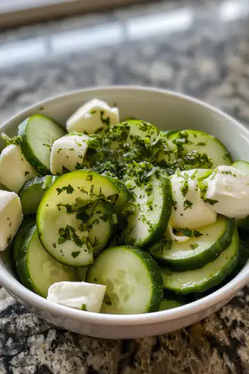Cucumber Mozzarella Salad taken with iphone 15 pro max --iw 2 --ar 4:5 --v 6.0 --raw
