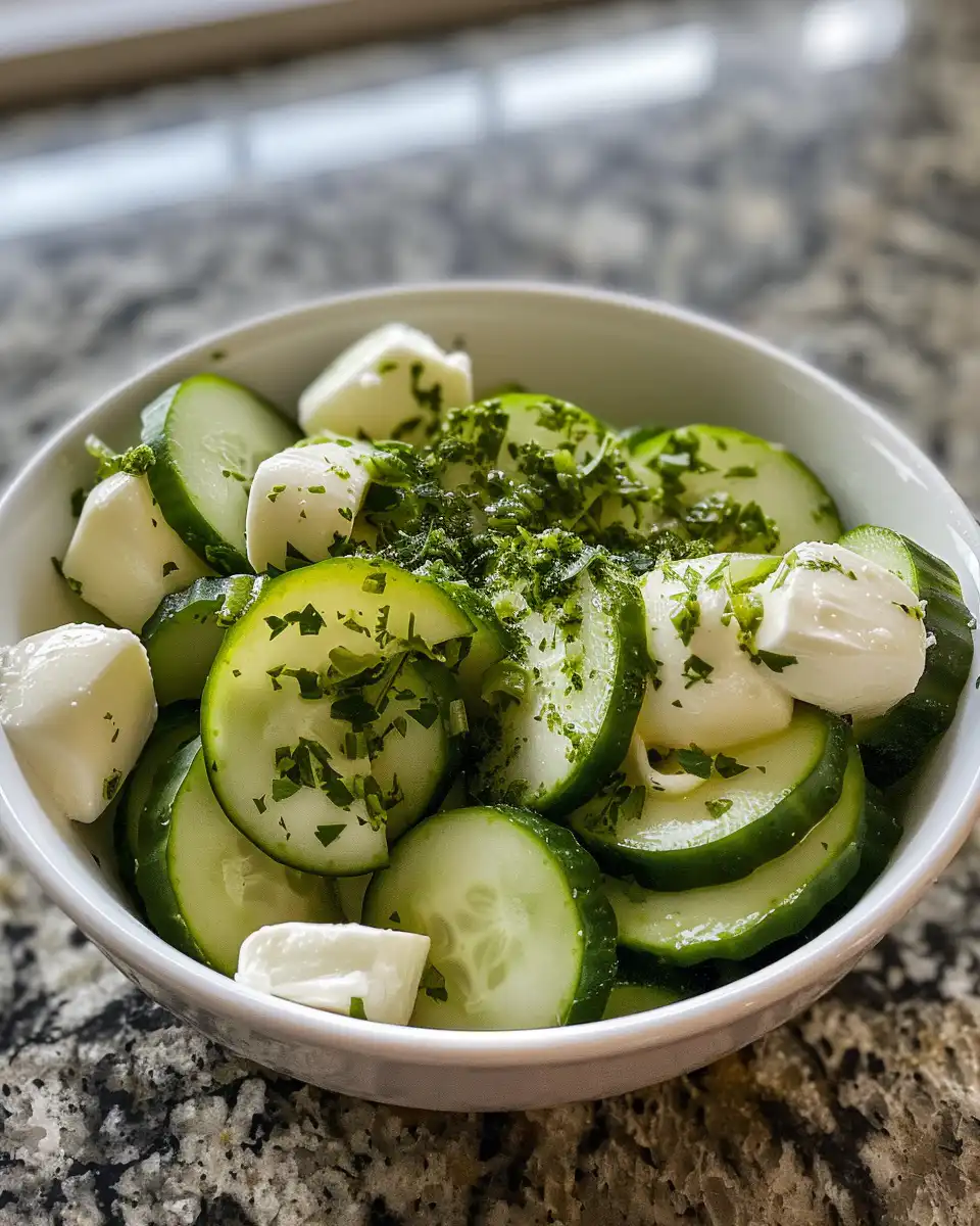 Fresh cucumber mozzarella salad with cherry tomatoes and basil on kitchen counter
