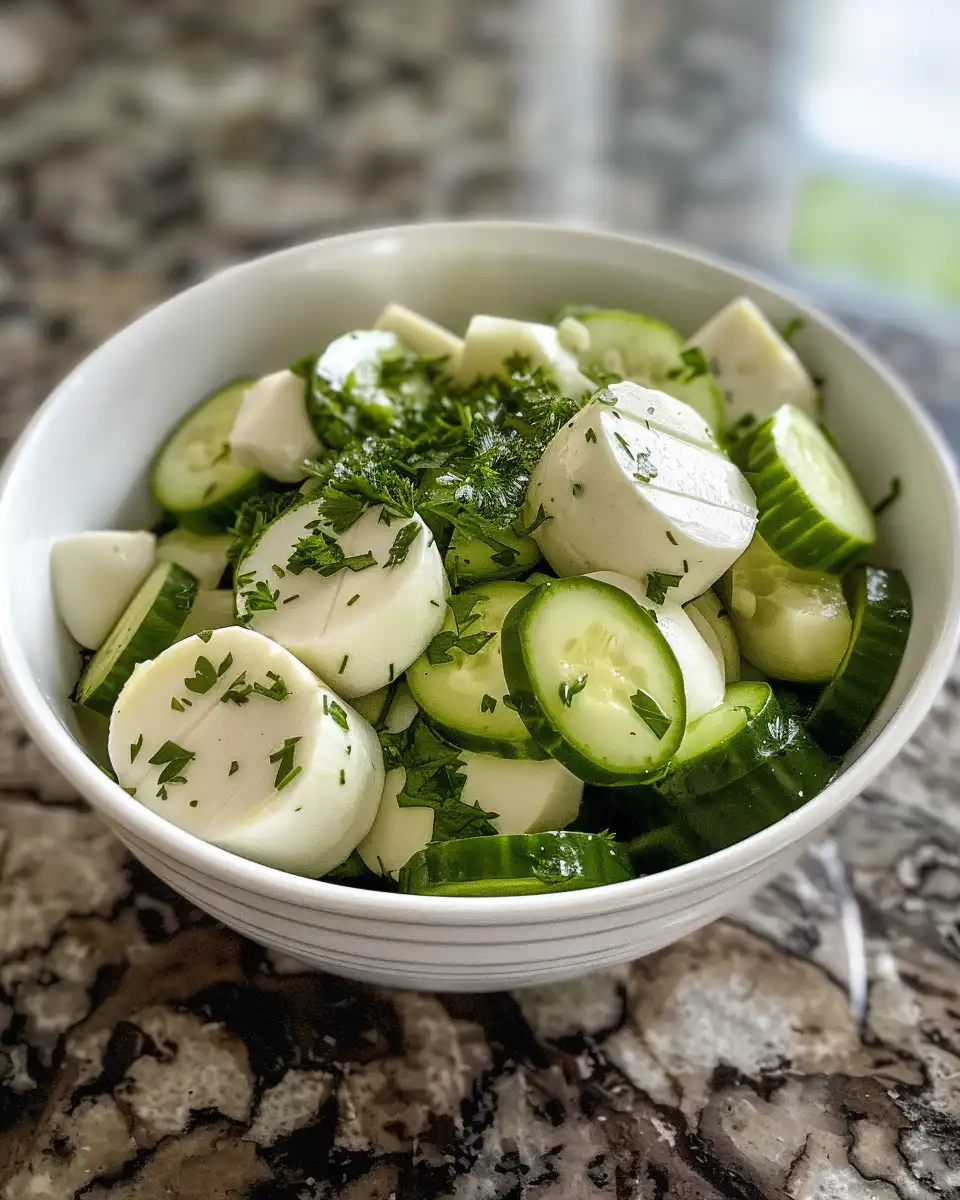 Assorted fresh ingredients for cucumber mozzarella salad neatly arranged