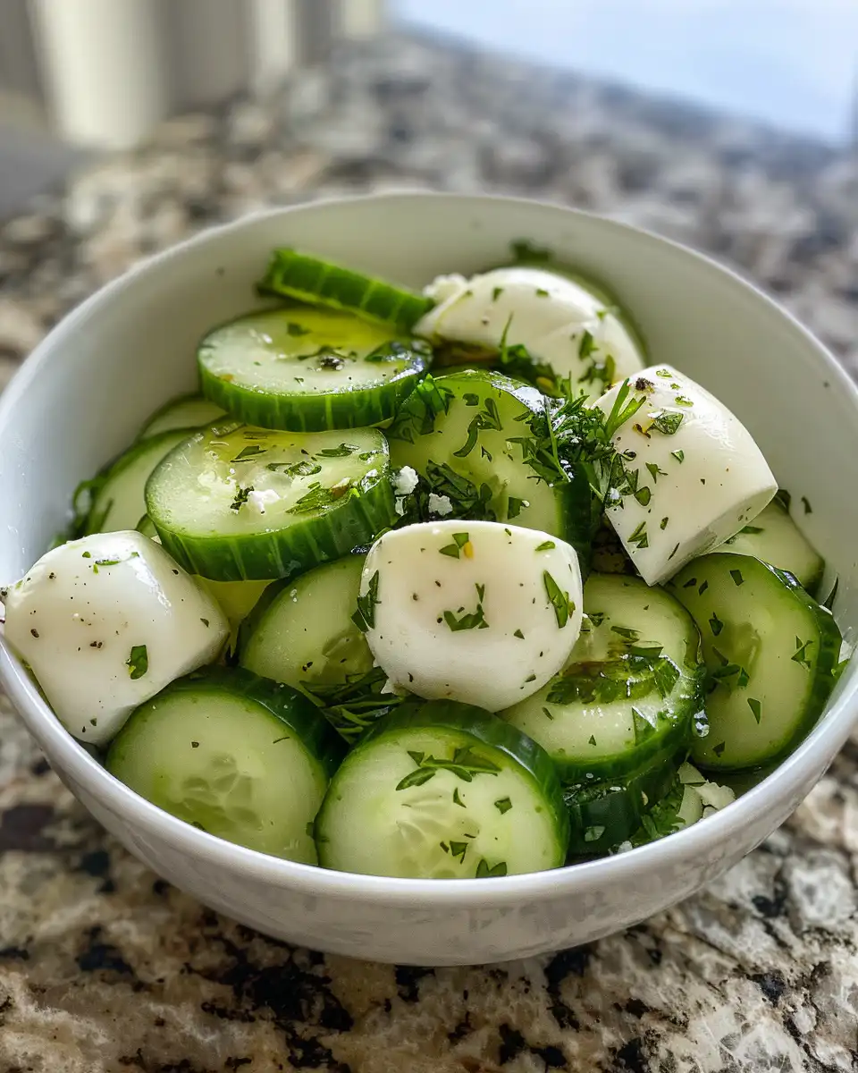 Tossing cucumber mozzarella salad with dressing